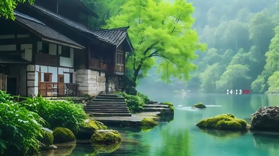 4k绿色古镇湖水