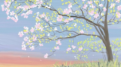 油画之山上开花的小树