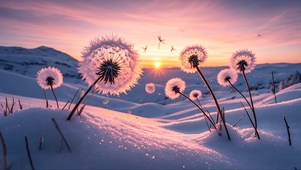 雪漠夕阳下的蒲公英