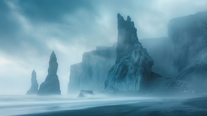 清晨浓雾岩石群海岸