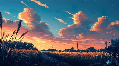 田野的落日晚霞