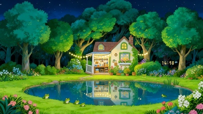 夜晚绿色湖边小屋