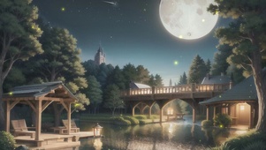 夜晚河边木屋