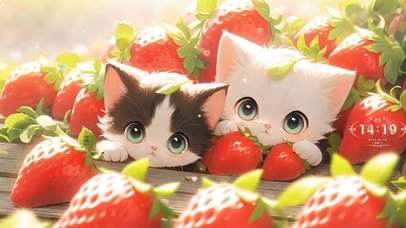 躲在草莓中的可爱小猫