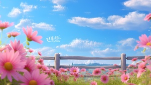 清新蓝天花丛