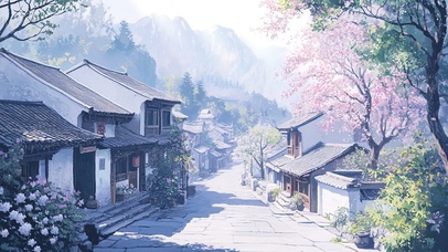 清晨朦胧古镇街道