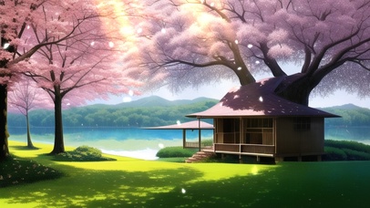湖边樱花树下小屋