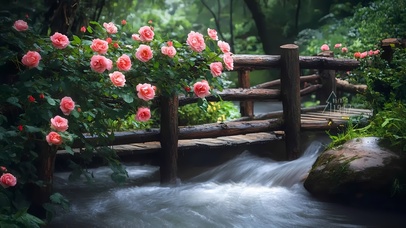河流木桥月季花