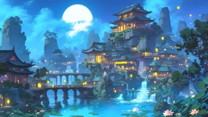 夜晚古风山水小镇
