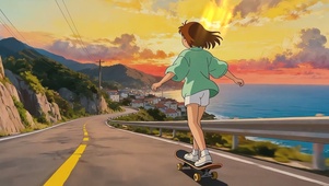 夕阳海边滑板女孩