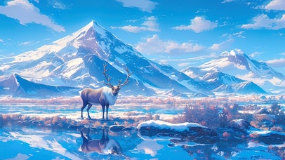 雪山湖泊驯鹿