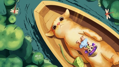 躺在船上的猫咪与女孩