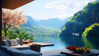 治愈湖水绿色青山