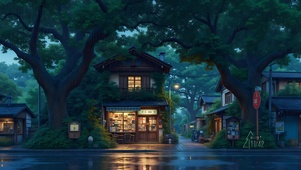 静谧雨天小镇