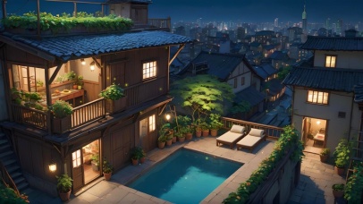 夜晚有泳池的温馨小屋