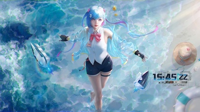 夏日海滩蓝色短发女孩4K