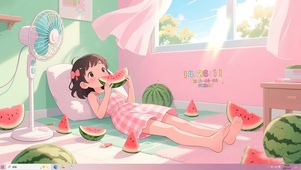 清凉夏日吃瓜女孩