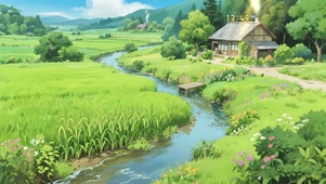 绿色稻田乡村小屋 护眼