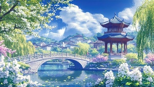 蓝天白云下的小桥流水