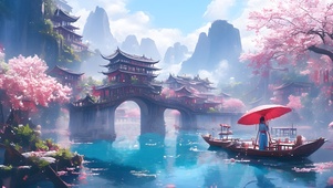 船上撑伞姑娘