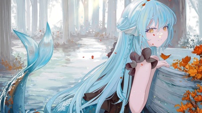 湖畔蓝发人鱼少女