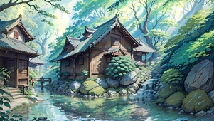 阳光森林溪边小屋