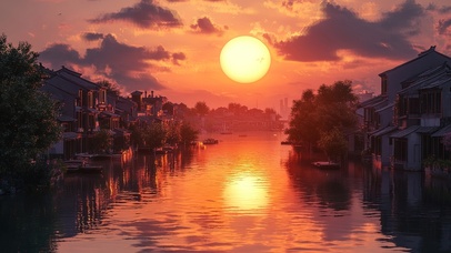 落日黄昏水乡风景