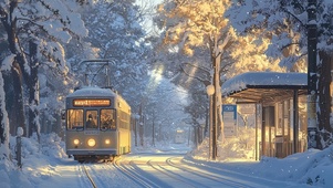 雪日夕阳下的治愈公交