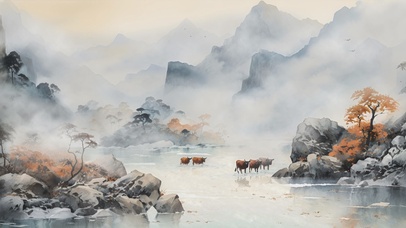 水墨写意AI山水插画