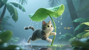 荷叶躲雨猫咪
