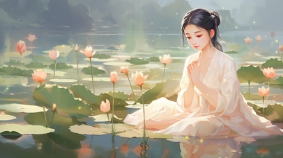 荷花池边的女孩