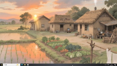  晚霞稻田旁草屋