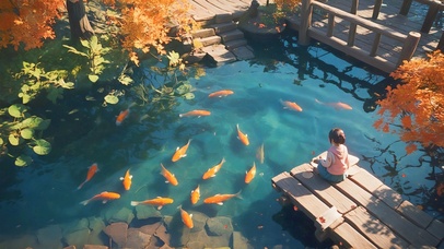 秋天锦鲤池边的女孩