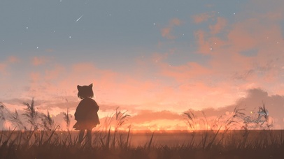 唯美夕阳草地猫女