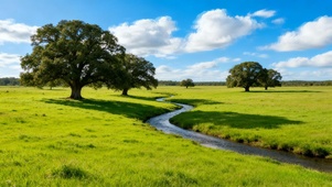 蓝天白云草地小溪