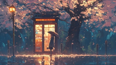 夜雨中樱花树下女孩