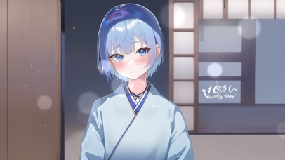 可爱淡蓝短发和服少女