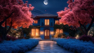 夜晚樱花庭院