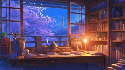 书房窗外的夜樱