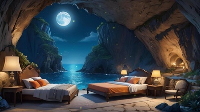 夜晚山洞中的酒店