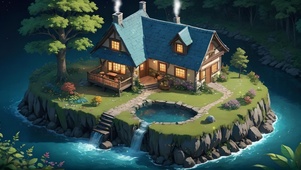 夜晚温馨岛上小屋