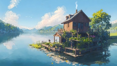 唯美湖中小屋