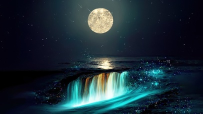 4K唯美治愈梦幻月光瀑布海景