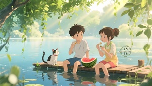 湖面木桥上吃西瓜