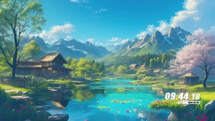 蓝天白云樱花树木景色