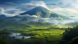云雾阳光稻田	
