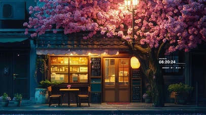 唯美夜晚樱花小店