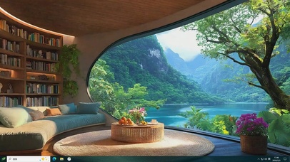 护眼蓝天白云树木河流桌面主题