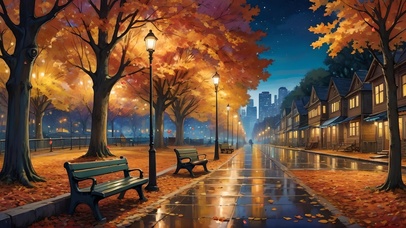 秋日夜晚路灯下的座椅