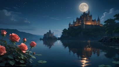 夜晚玫瑰湖边城堡